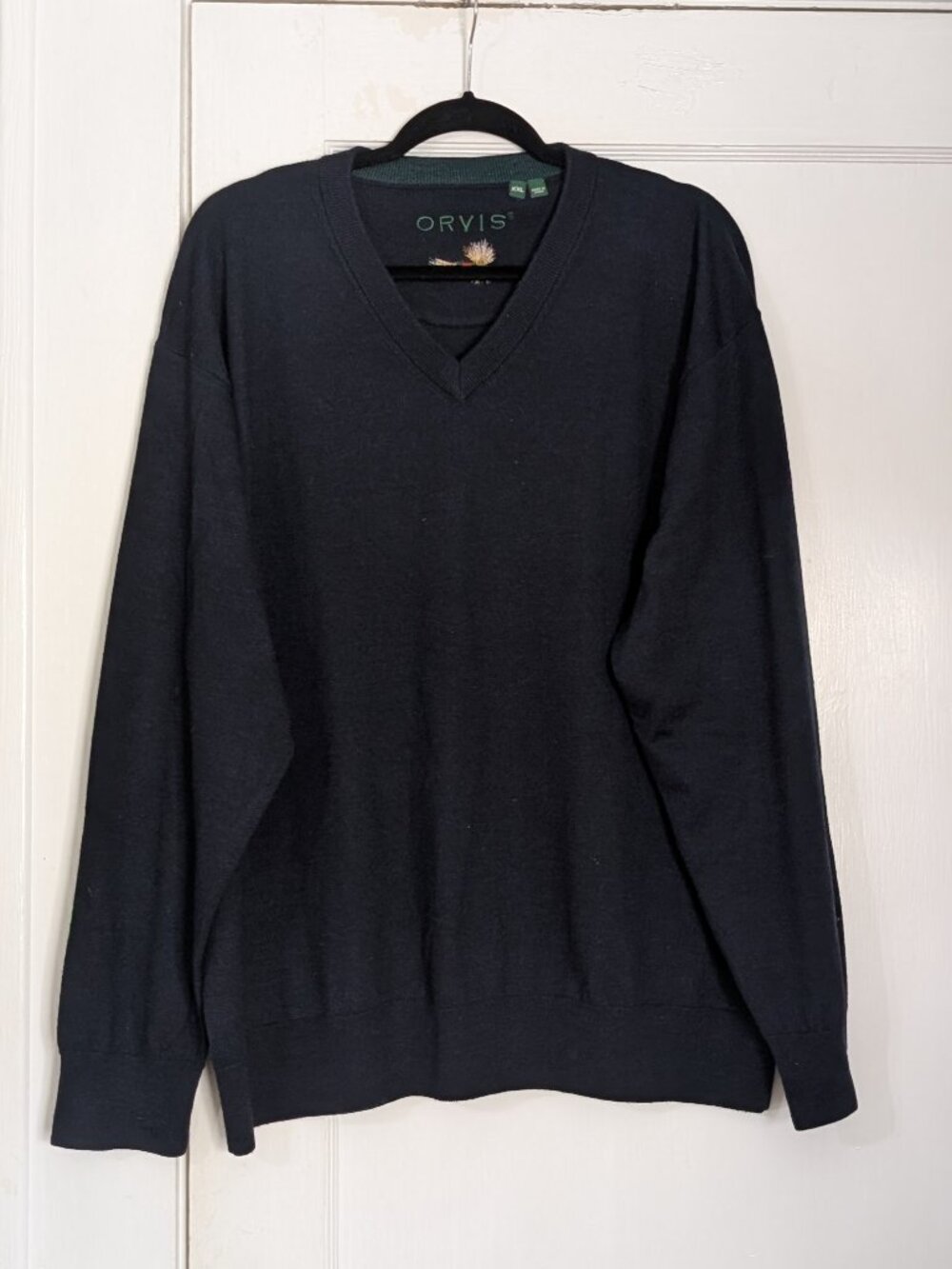 Orvis Men's Size XXL 100% Merino Wool Sweater V Neck Navy Blue
